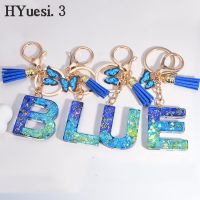 Gradient Blue Sequin Letters Keychain With Butterfly Tassel Fashion A-Z 26 Initials Keyring For Kids Bag Accessories Party Gifts