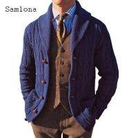 Samlona Plus ขนาดผู้ชายถักเสื้อกันหนาวฤดูหนาว Warm Coats Mens Streetwear 2021 Single Breasted Top Cardigan สีน้ำเงินเข้มชายเสื้อกันหนาว