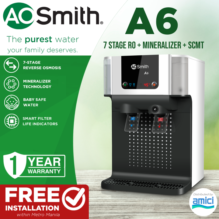 A. O. Smith A6 RO+SCMT Water Purifier, 7 Stage Reverse Osmosis +  Mineraliser Technology, Ambient and Hot Water | Lazada PH