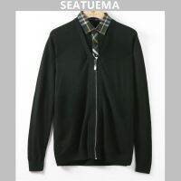 SEATUEMA Baju Rajutan ปลอมสองชิ้นคุณภาพสูงของผู้ชาย,เสื้อโค้ททันสมัยและลำลองอเนกประสงค์สำหรับฤดูใบไม้ผลิและฤดูใบไม้ร่วง