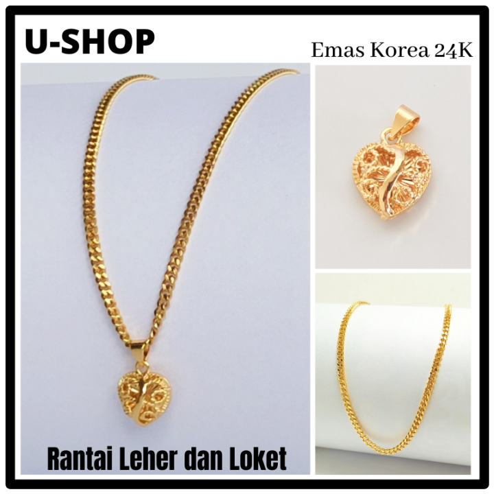 Rantai Leher Dan Loket Emas Korea 24k Gold Plated Rantai Perempuan