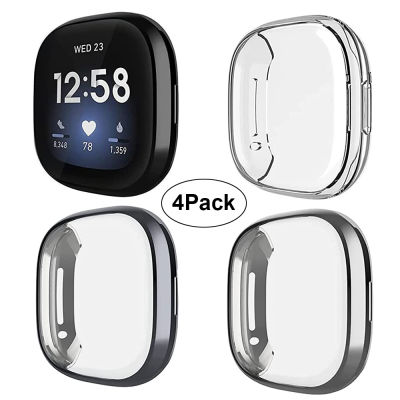4แพ็คเข้ากันได้กับ Fitbit Sense/Fitbit Versa 3ปกป้องหน้าจอเคสกันชนชุบ TPU แบบนิ่มคลุมทั้งหมดเคสกันกระแทกสำหรับสมาร์ทวอทช์ Sense/Versa 3