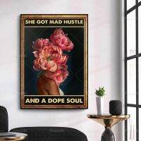 Luyameishop Inspirational Wall Art, She Got Mad Hustle And A Dope Soul Black Girl With Flower, Retro Canvas Print For Home Or Office Decor