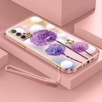 เคสโทรศัพท์สำหรับ OPPO A74 4G A95 4G A72 A53 A73 5G A73 F19 F19S 4G F17 Reno 6 Lite 4G ดอกแดนดิไลออนและรูปผีเสื้อกรอบสี่เหลี่ยมเลนส์กล้องถ่ายรูปการป้องกันปลอกอ่อนส่งเชือกเส้นเล็ก