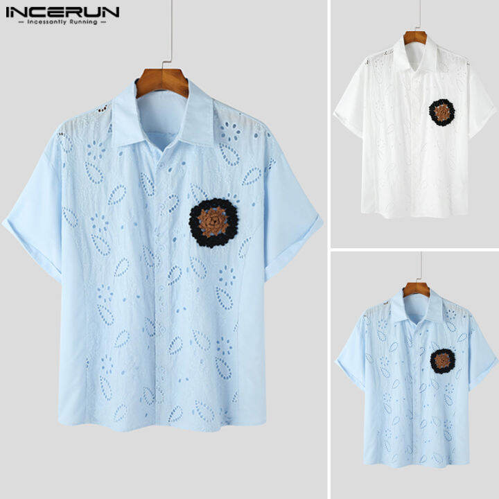 incerun-เสื้อถักแบบลำลองแฟชั่นผู้ชายแขนสั้น-เสื้อเสื้อปักลายกลวงออกปกเสื้อ-สไตล์เกาหลี