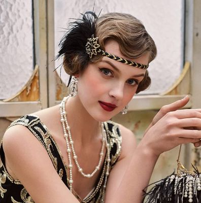 【YF】 1920s Flapper Headband Roaring 20s Headpiece Gatsby Ostrich Feather with Crystal