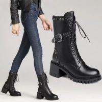 [COD] and winter plus velvet boots womens British style rivet mid-tube all-match knight high-heeled short thick-heeled