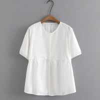 【มีไซส์ใหญ่】Plus Size Womens XL-4XL Button Up White Green Summer Blouses Short Sleeve Ladies Elegant Female Tops Oversized A-line OL Blusas