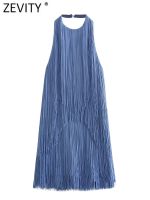 【HOT】✾ Zevity New Fashion Color Sleeveless Tassel Design Halter Female Backless Brand Vestidos DS4058