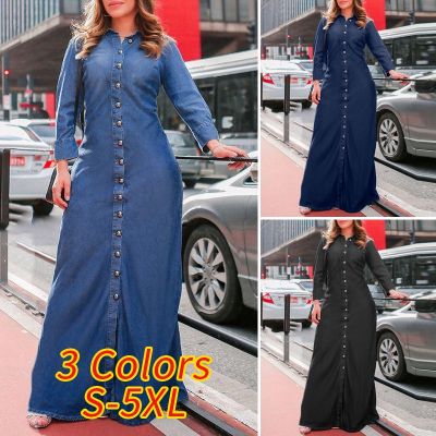 VONDA Women Lapel Collar Solid Color Long Sleeve Button Down Long Dress