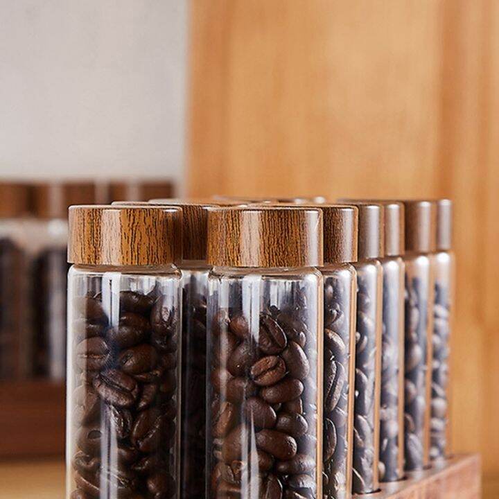 single-dose-coffee-bean-storage-tubes-coffee-bean-cellar-wooden-display-stand-and-funnel-espresso-accessories