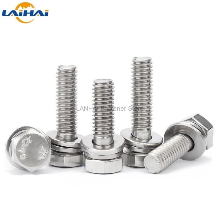 1-10pcs-m4-m5-m6-m8-m10-m12-304-stainless-steel-external-hex-hexagon-head-sem-screw-flat-washer-spring-gasket-assemble-bolt