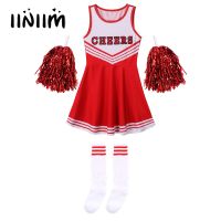 ↂ✹♚ Girls Cheerleading Uniform Sleeveless Dance Costume Kids Cheerleader Outfit Round Neckline Letter Print Dress Flower and Socks