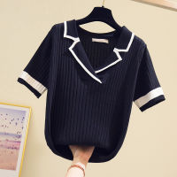 V-neck Patchwork Sweater Women Summer Short Sleeve Knitted Pullover Fashion Black Tops