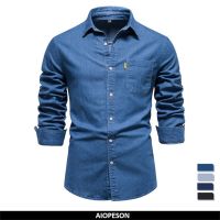 HOT11★ Autumn New Cotton Mens Denim Shirt Solid Color Single Pocket Cal Long Sleeve Shirt Autumn Jeans Shirt for Men