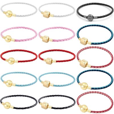 Genuine Woven Leather Golden Ball Barrel &amp; Seashell Clasp Bracelet Bangle Fit Fashion 925 Sterling Silver Bead Charm DIY Jewelry