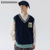 EERSHENSHI เสื้อกั๊กถักแขนกุดสำหรับผู้ชาย,เสื้อถักแบบหลวมเทรนด์เสื้อกั๊กทำความร้อนสีฉบับภาษาเกาหลี