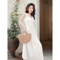 Spot parcel post French R Rose Red U Collar Strap Long Dress Pleated Nipped Waist Slimming Large Hem Womens Summer Dress