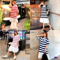 P8910  	เดรสทรงโอเวอร์ไซส์ ลายริ้วชายระบายคอเดรสแต่งโบว์   Oversized dress Striped mens stripe ruffle neck dress with bow