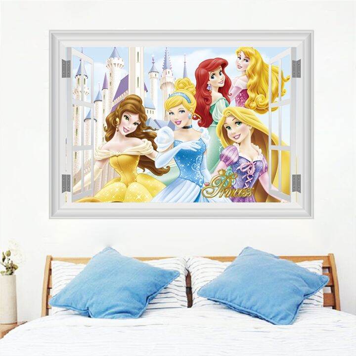 cartoon-belle-ariel-belle-aurora-princess-wall-sticker-for-home-decoration-3d-window-anime-mural-art-diy-kids-room-wall-decals