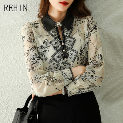 เสื้อสตรี REHIN ใหม่เกาหลีพิมพ์เสื้อแขนยาว Jacquard ดอกไม้พิมพ์เสื้อชีฟอง