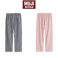 MUJI Muji เส้นด้ายคู่กางเกงขาสั้นหลวมลำลองฤดูร้อนสำหรับผู้ชายและผู้หญิงชุดนอนผ้าคอตตอนฤดูใบไม้ผลิและฤดูใบไม้ร่วงกางเกงขายาวลายสก็อตยาวที่บ้าน