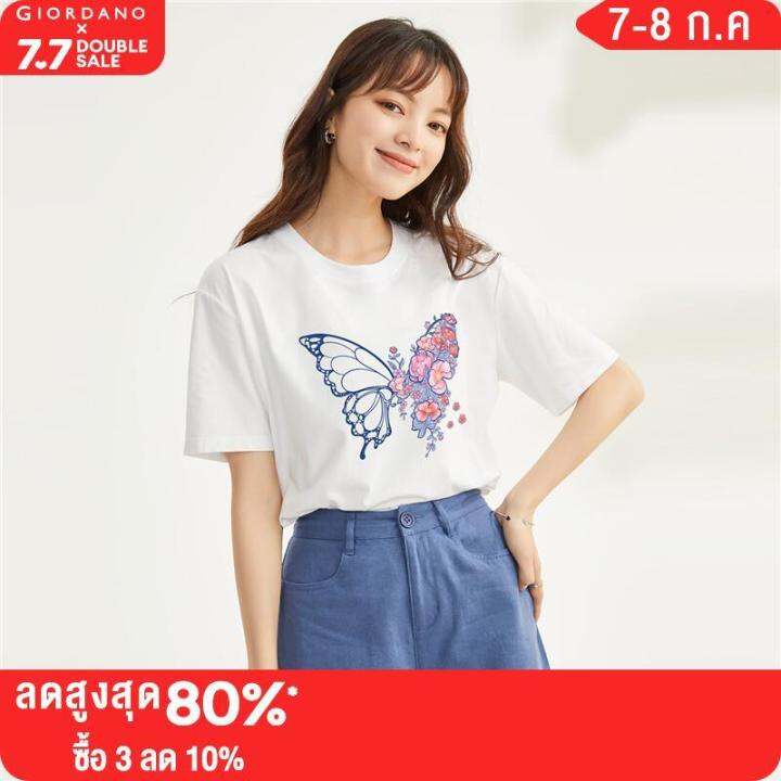 giordano-women-lion-dance-series-t-shirts-butterfly-print-fashion-tee-short-sleeve-crewneck-cotton-summer-casual-tops-99393016