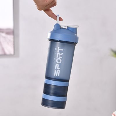 500ml 3 Layers Water Bottle Shaker Cup Sport Whey Protein Blender Bodybuilding Stirring Portable Cute Supplements Fitness Blue