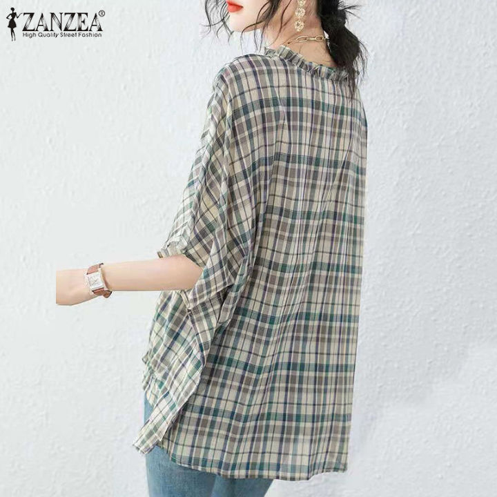 จัดส่งฟรี-fancystyle-zanzea-เสื้อสวมหัวพิมพ์ลายตารางวินเทจของผู้หญิงเสื้อสตรีคอกลมแต่งระบาย-8