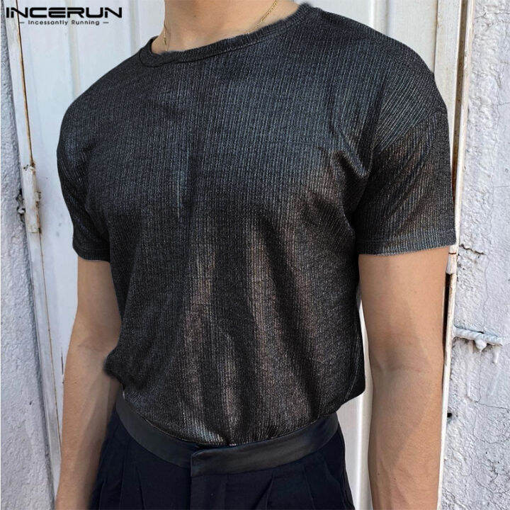 incerun-เสื้อยืดมันเงาคอกลมแขนสั้นสำหรับผู้ชายเสื้อเบลาส์ใส่เที่ยวคลับสำหรับปาร์ตี้สไตล์ตะวันตก-สไตล์ตะวันตก