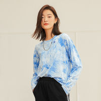 Toyouth Women Tees 2021 Winter Long Sleeve O Neck Loose T-shirts Tie Dye Blue Chic Fashion Tops