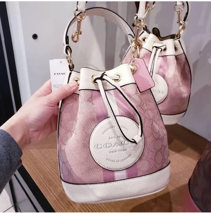 Guaranteed Original C7084 Coach Dempsey Bucket Bag 19 In SIgnature Jacquard  With Stripe And Coach Patch - White/Pink | Lazada PH