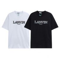 LANVIN. แขนสั้น Langfan T เสื้อแบรนด์ร่วม William Chan ตัวอักษรสีเดียวกันปักหลวมสำหรับคู่รักชายและหญิง