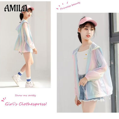 AMILA เสื้อแจ็กเก็ตกันน้ำสำหรับเด็กผู้หญิง,เสื้อแห้งเร็วแฟชั่นผ้าไอซ์ซิลค์ทรงหลวมบางสีรุ้งสำหรับฤดูร้อน