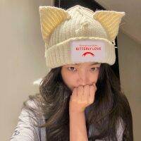 [Hat vendor]แฟชั่นน่ารักๆมีฮู้ดหูหมูถักสองชั้นอบอุ่นขนแกะดีไซน์เฉพาะฮิปฮอปเย็น