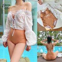 (++โปร) BikiniTime (M-XL) SB131 บิกินี่ทูพีซ ชุดว่ายน้ำ เซ็ท3ชิ้น กางเกงเอวสูง สีนู้ดพร้อมเสื้อเปิดไหล่สีขาวลายลูกไม้ ราคาดี ชุดน้ำว่าย บิกินี่ bikini ทูพีช