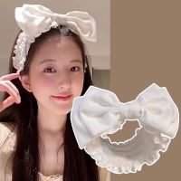 Bando Cuci wajah pita besar wanita aksesori ikat rambut elastis Mode Korea dengan renda MakeUp warna polos untuk wanita