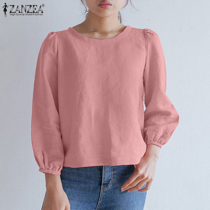 เคลียร์สต๊อกขาย-จัดส่งฟรี-fancystyle-zanzea-เสื้อเบลาส์คอกลมทรงหลวมเรียบง่ายแขนพองลำลองแบบสวมหัวสีทึบ-8