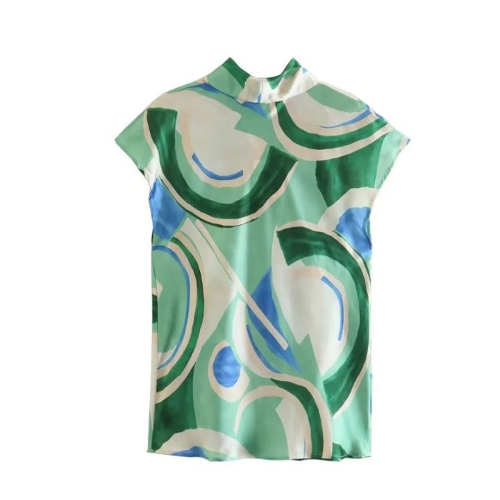 เสื้อเบลาส์พิมพ์ลายสำหรับผู้หญิง-traf-2023เสื้อเบลาส์แขนสั้นเสื้อฤดูร้อนผู้หญิงชุดเข้ารูปสตรีวินเทจ