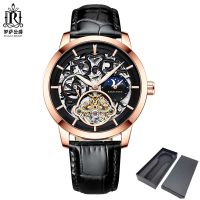 ⌚Tourbillon ยาฬิกาข้อมือชายผู้ชายกลไกเฟสของดวงจันทร์นาฬิกาทหารกันน้ำสายรัดนาฬิกาหนังผู้ชาย Para Hombre