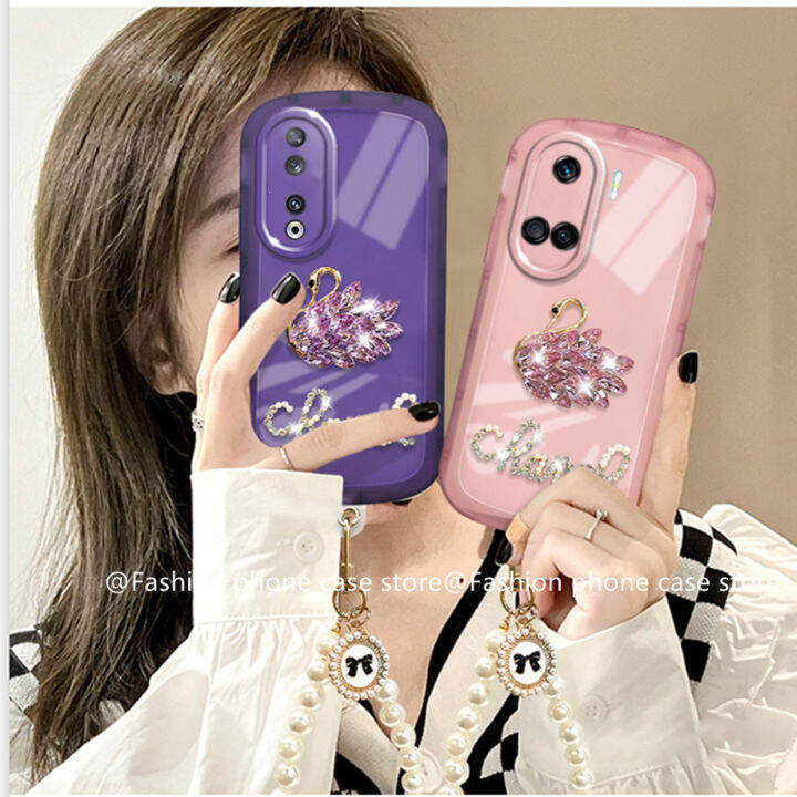 phone-case-เคส-honor90-honor-90-lite-5g-หรูหราหรูหราพลอยเทียมหงส์สายคล้องไข่มุกปกป้องเลนส์2023สีทึบซองนุ่มใส