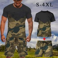 Hot Selling 2 Piece Set Summer Mens Camouflage Short Sleeve Suit Patchwork Trend Casual Breathable Sportswear Male T-Shirt+Shorts Plus Size