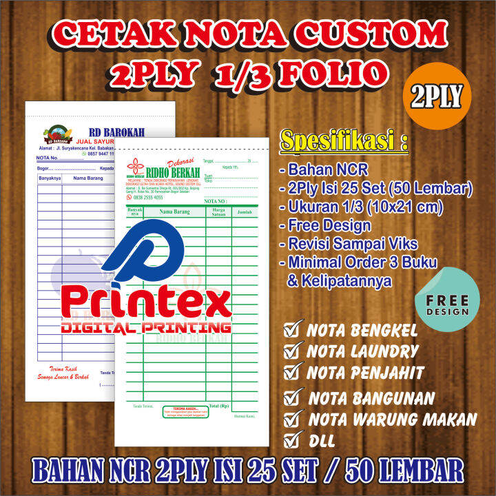 Cetak Nota Bon Custom Ukuran 1/3 Folio 2Ply Isi 50 Lembar Desain Free ...