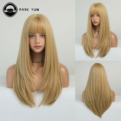 【LZ】◙♚♧  Blonde Long Straight Hair Wig Women Wig with Bangs Heat Resistant Synthetic Wig Halloween Cosplay Daily Natural Fake Hair