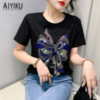 AIYIKU เสื้อยืดแขนสั้นผู้หญิง2023ฤดูร้อนหลากหลายใหม่เสื้อแบบหลวมเพชรสุดฮอต3XL ไซส์