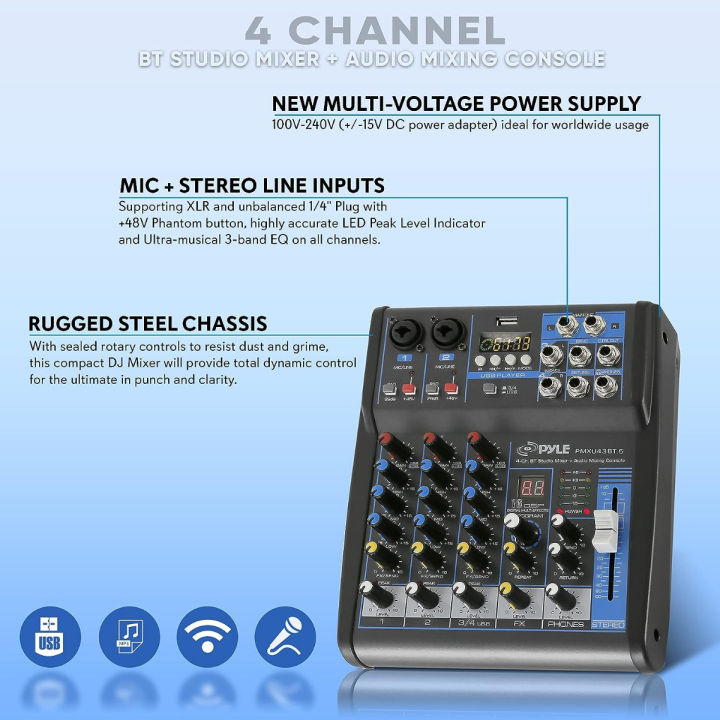 pyle-professional-audio-mixer-sound-board-console-system-interface-4-channel-digital-usb-bluetooth-mp3-computer-input-48v-phantom-power-stereo-dj-studio-streaming-fx-16-bit-dsp-processor-pmxu43bt-5-pr