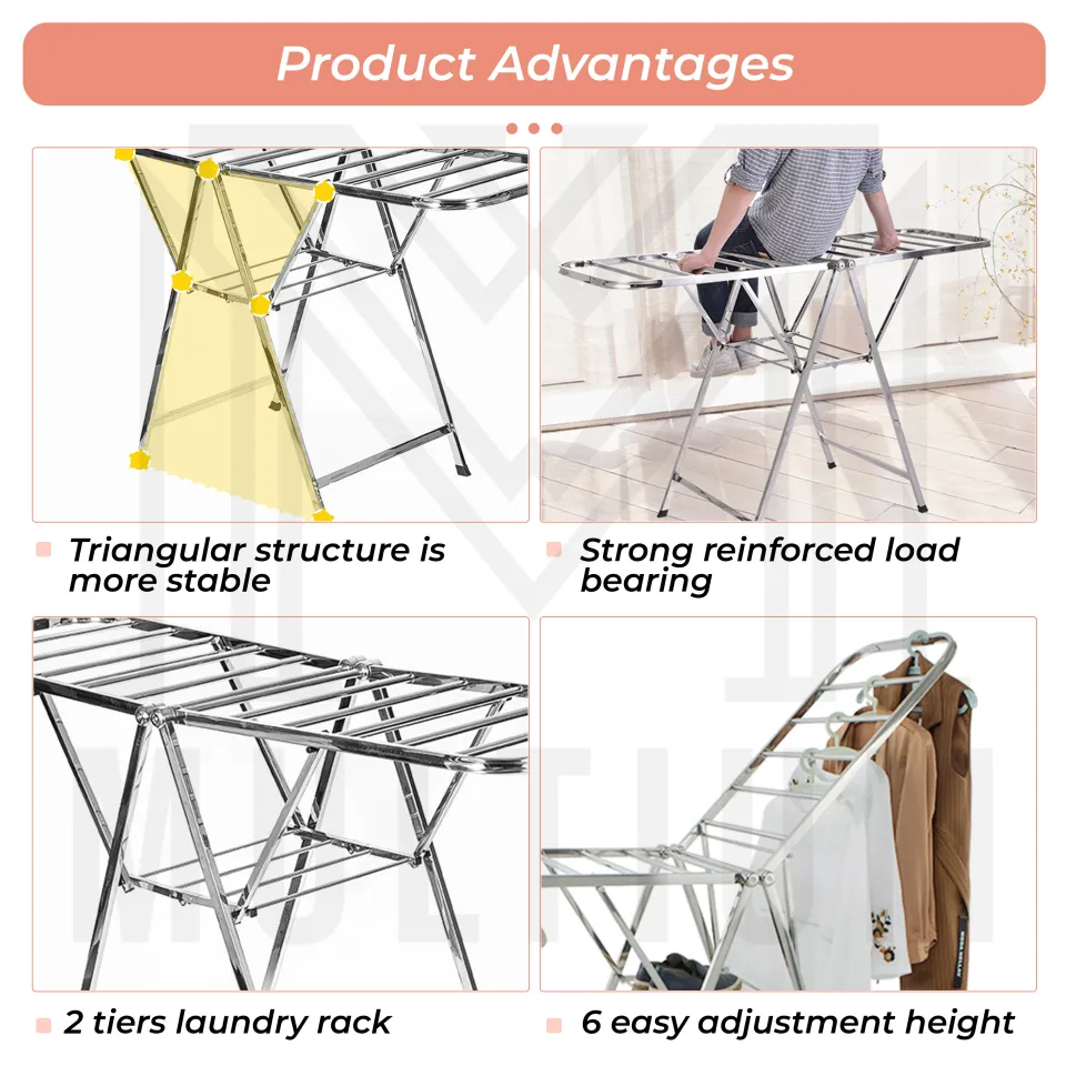 Freestanding Foldable Adjustable Height Stainless Steel Laundry Clothes  Drying Rack