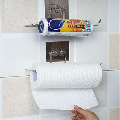 【YF】 Towel Rack Strong Self-Adhesive Roll Paper Holder Plastic Wrap Wall Shelf Home Organize Bathroom Kitchen Accessorie