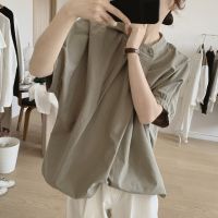 Spot parcel post Pre-Sale Irregular Pleated Shirt Female Summer New Loose Figure Flattering round-Neck Short Sleeve Cotton Top