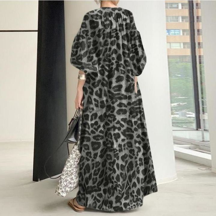 uniqlo-korean-version-loose-large-size-leopard-print-stand-collar-puff-sleeve-bohemian-long-casual-shirt-dress-holiday-dress